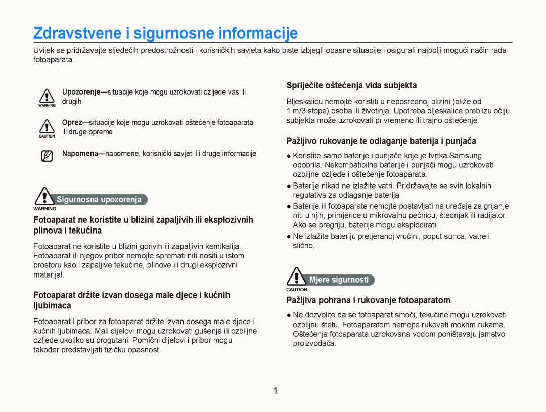Samsung EC-ST550ZBPGE3, EC-ST550ZBPBE3 manual Zdravstvene i sigurnosne informacije, Sigurnosna upozorenja, Mjere sigurnosti 