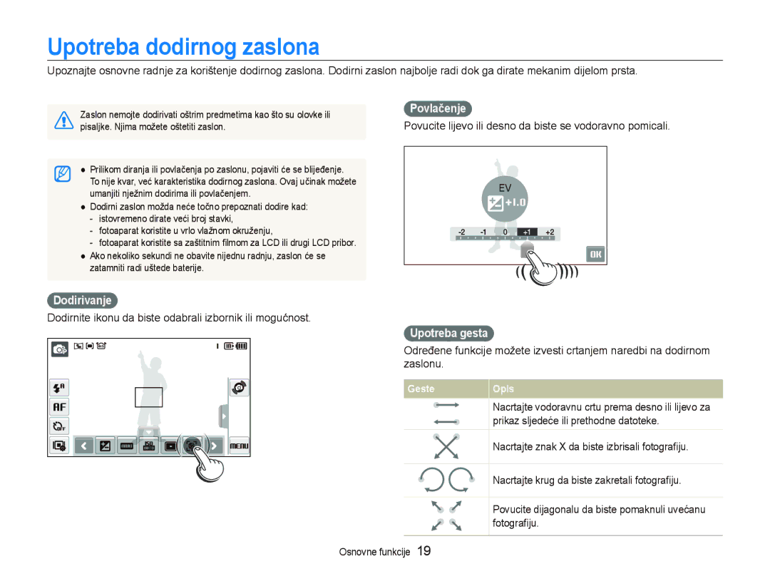 Samsung EC-ST550ZBPBE3, EC-ST550ZBPOE3, EC-ST550ZBPGE3 Upotreba dodirnog zaslona, Povlačenje, Dodirivanje, Upotreba gesta 