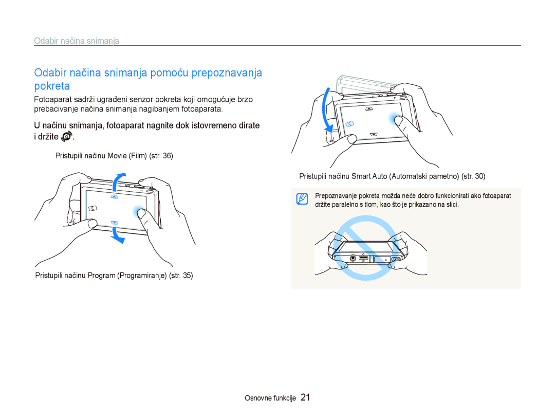Samsung EC-ST550ZBPGE3, EC-ST550ZBPBE3, EC-ST550ZBPOE3, EC-ST550ZBPLE3 Odabir načina snimanja pomoću prepoznavanja pokreta 