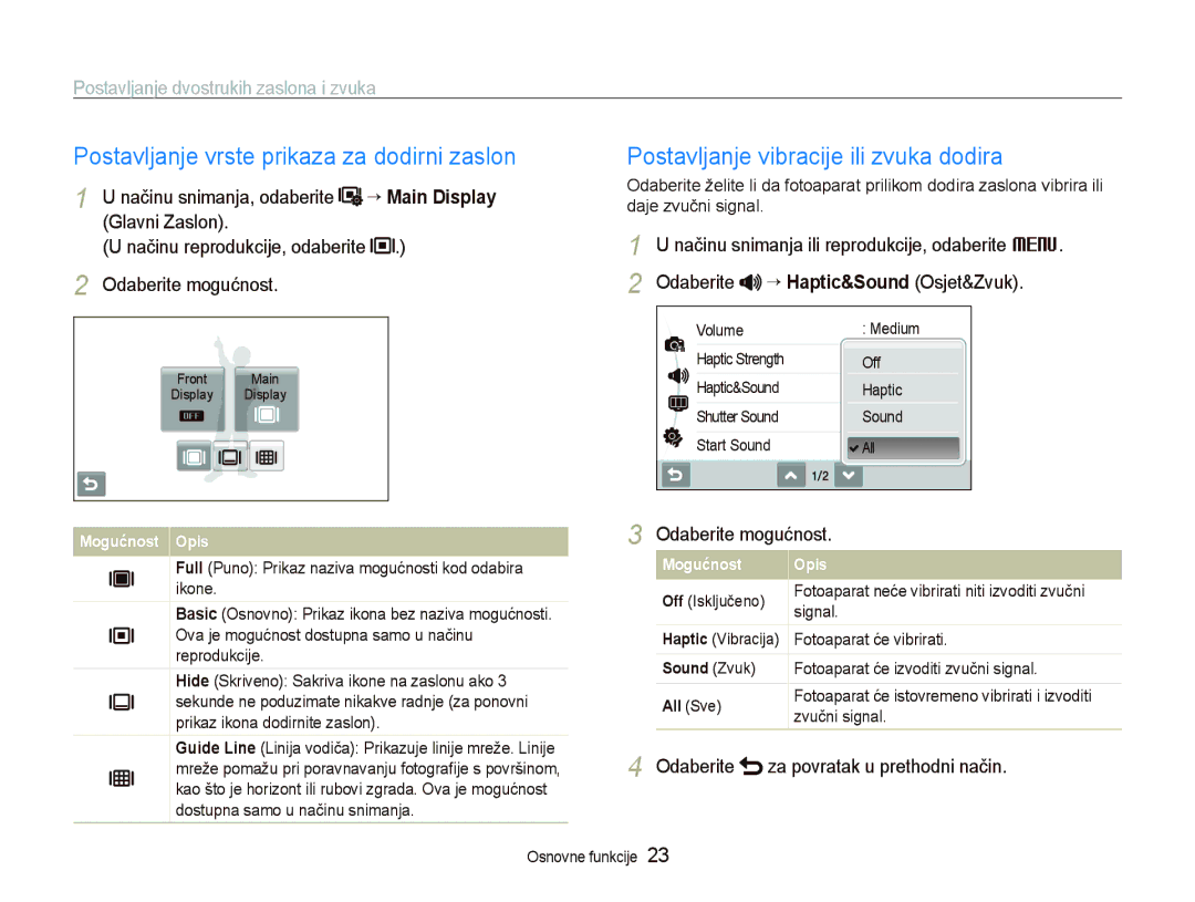 Samsung EC-ST550ZBPORU manual Postavljanje vrste prikaza za dodirni zaslon, Postavljanje vibracije ili zvuka dodira 