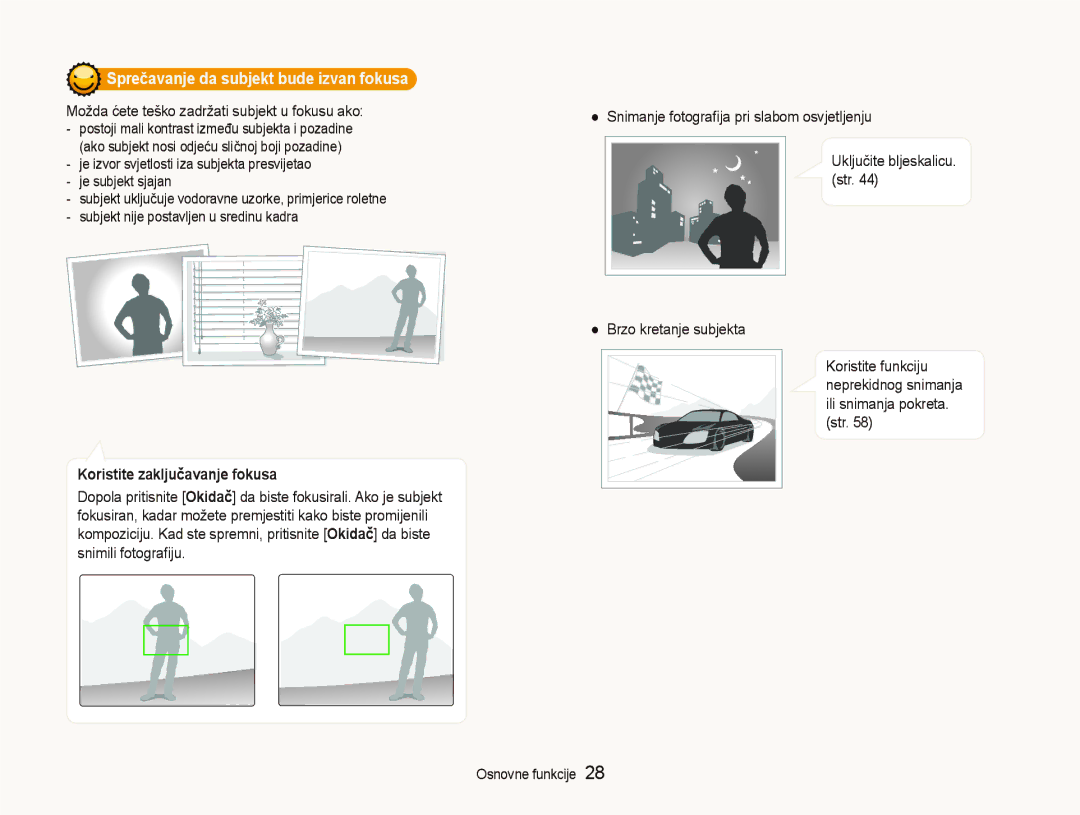 Samsung EC-ST550ZBPORU manual Sprečavanje da subjekt bude izvan fokusa, Možda ćete teško zadržati subjekt u fokusu ako 