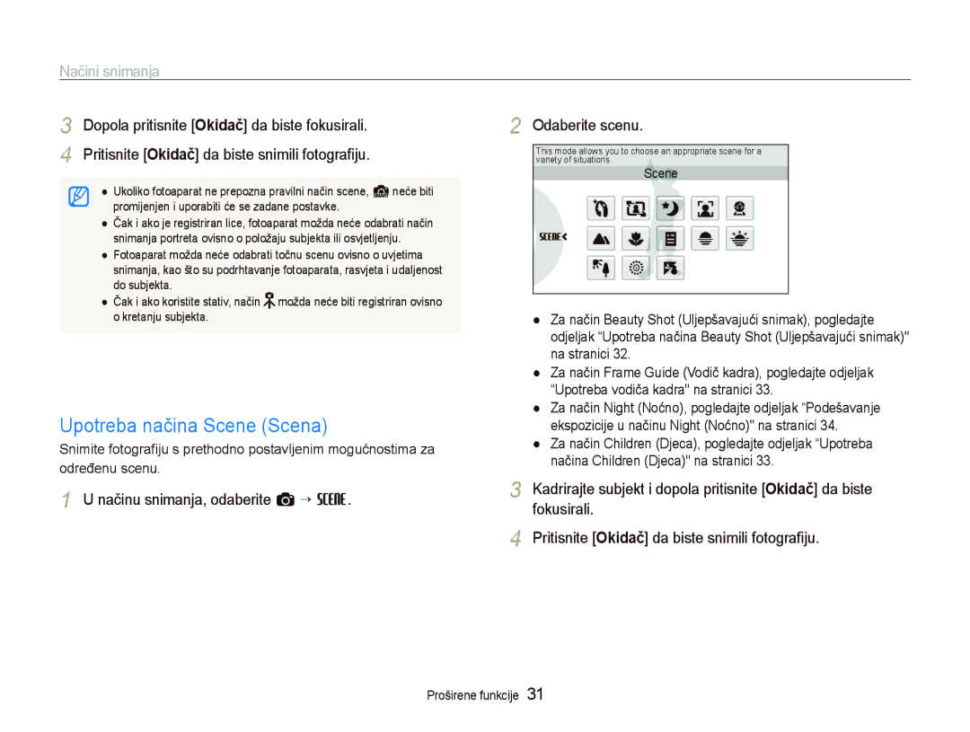 Samsung EC-ST550ZBPGE3, EC-ST550ZBPBE3, EC-ST550ZBPOE3 manual Upotreba načina Scene Scena, Načini snimanja, Odaberite scenu 