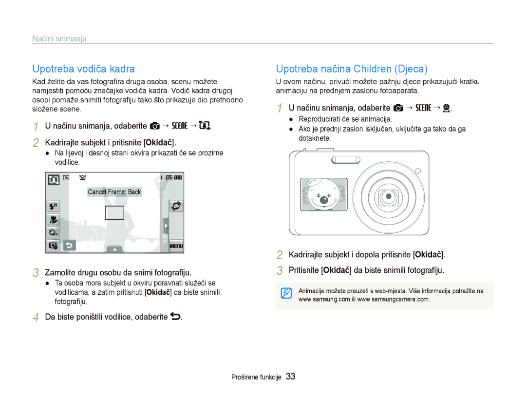 Samsung EC-ST550ZBPORU Upotreba vodiča kadra, Upotreba načina Children Djeca, Zamolite drugu osobu da snimi fotograﬁju 