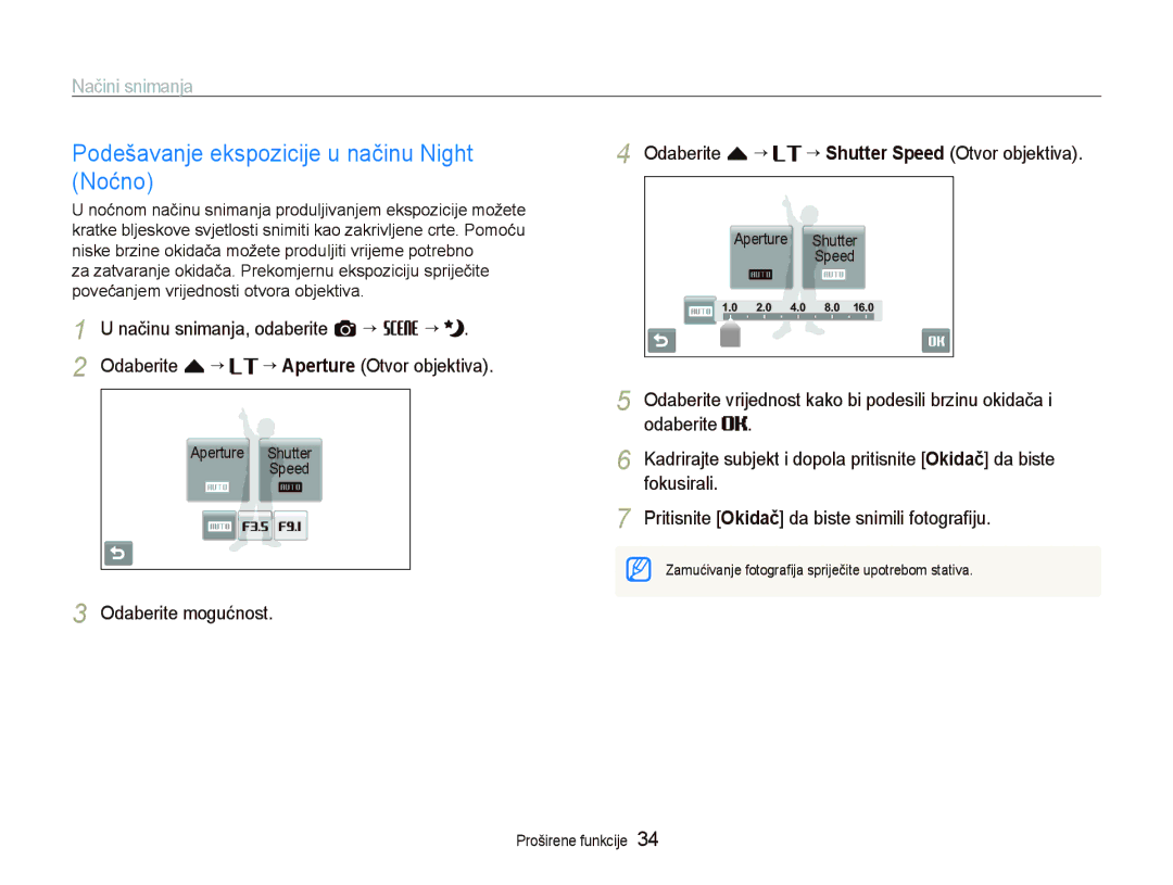 Samsung EC-ST550ZBPBE3 manual Podešavanje ekspozicije u načinu Night Noćno, Odaberite f “ ““Aperture Otvor objektiva 