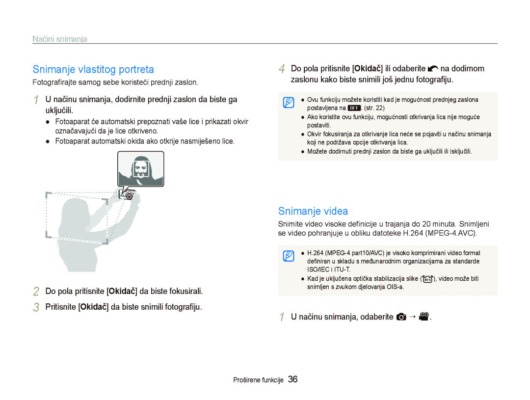 Samsung EC-ST550ZBPGE3, EC-ST550ZBPBE3 manual Snimanje vlastitog portreta, Snimanje videa, Načinu snimanja, odaberite a “ 