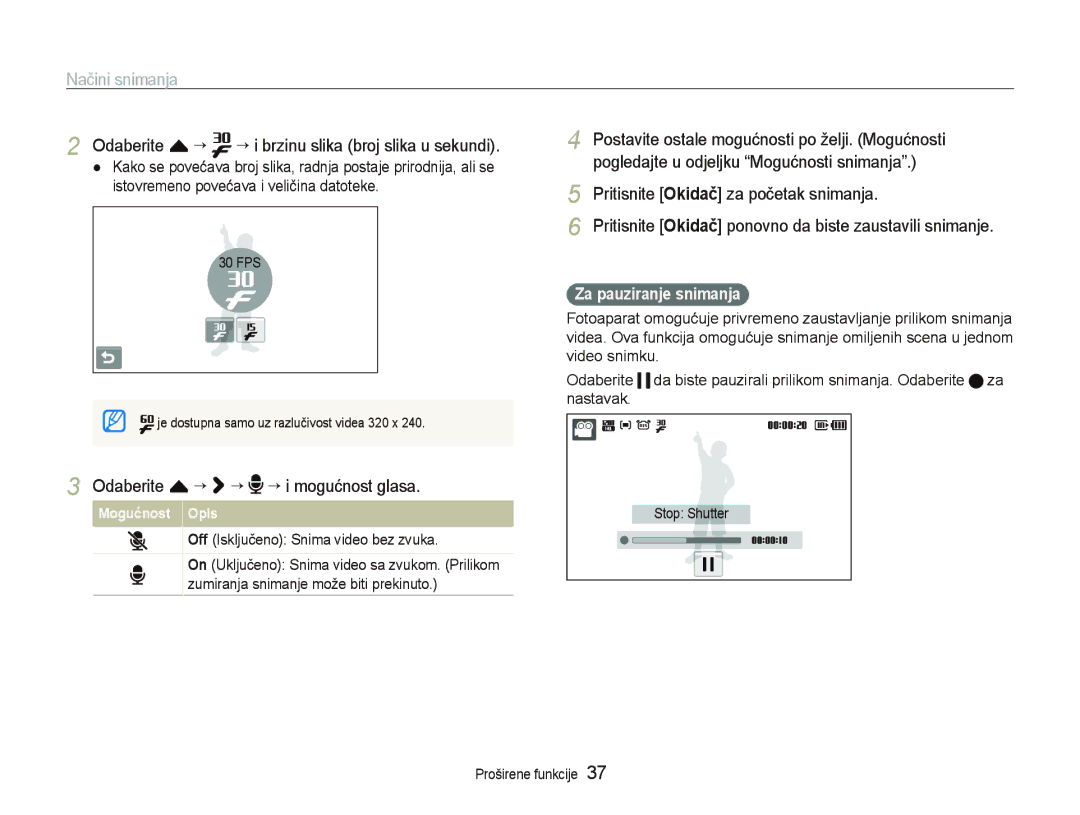Samsung EC-ST550ZBPLE3, EC-ST550ZBPBE3 Odaberite f “ ““ ““i mogućnost glasa, Pogledajte u odjeljku Mogućnosti snimanja 