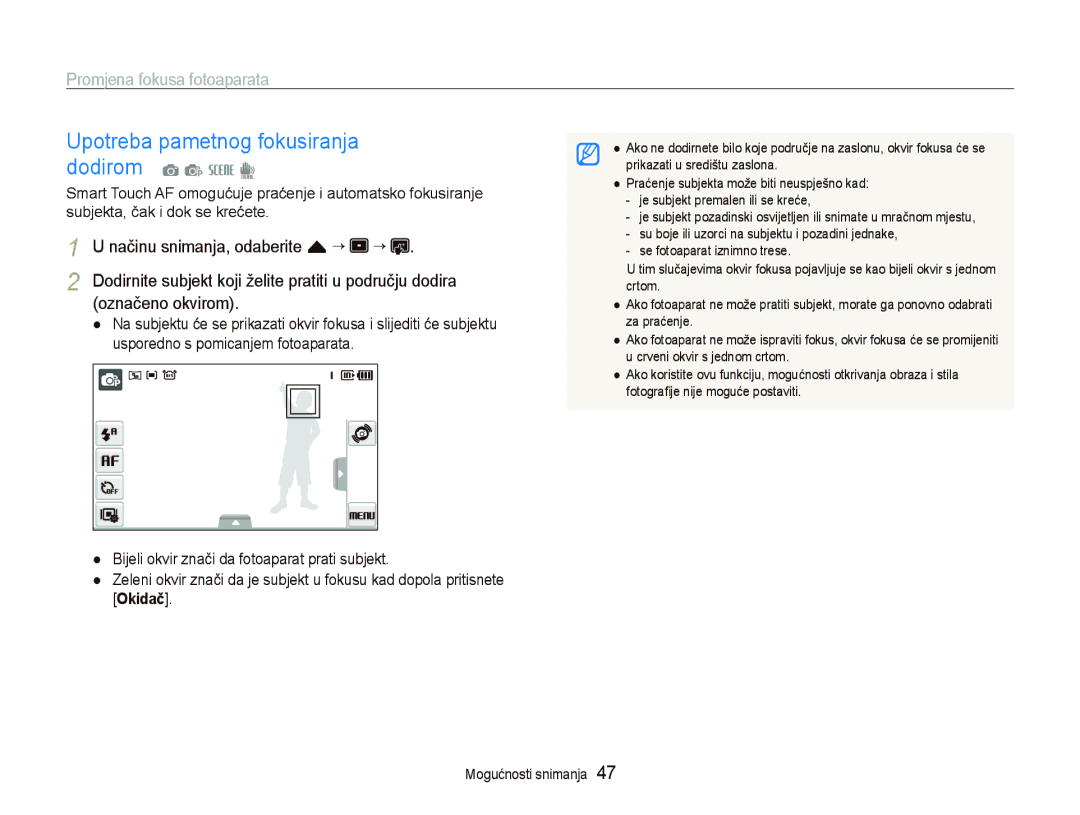 Samsung EC-ST550ZBPLE3 manual Upotreba pametnog fokusiranja dodirom a p s d, Promjena fokusa fotoaparata, Označeno okvirom 