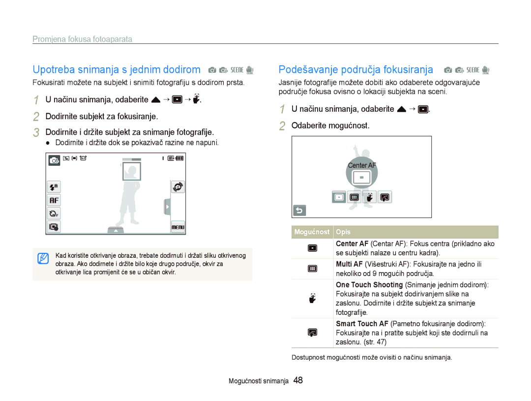 Samsung EC-ST550ZBPORU manual Upotreba snimanja s jednim dodirom a p s d, Podešavanje područja fokusiranja a p s d 