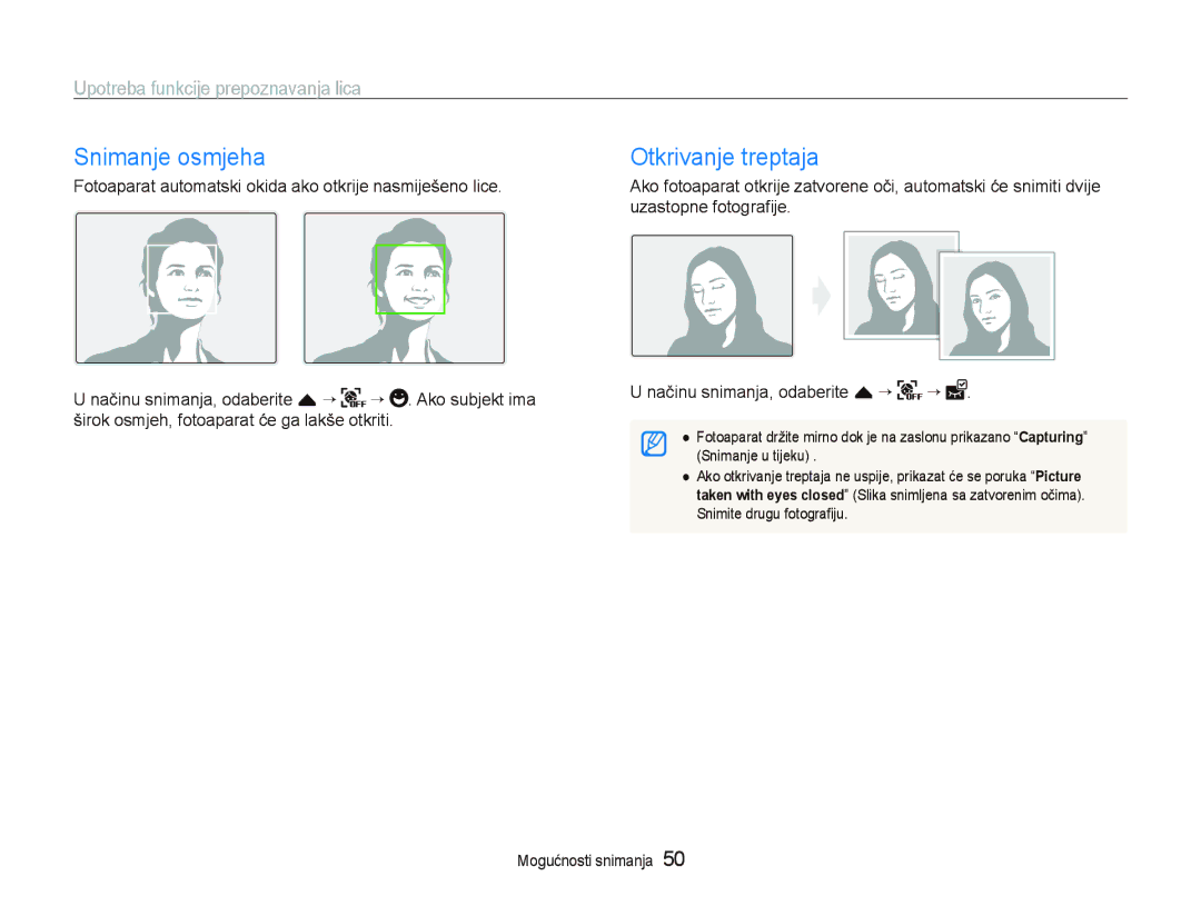 Samsung EC-ST550ZBPOE3, EC-ST550ZBPBE3 manual Snimanje osmjeha, Otkrivanje treptaja, Upotreba funkcije prepoznavanja lica 
