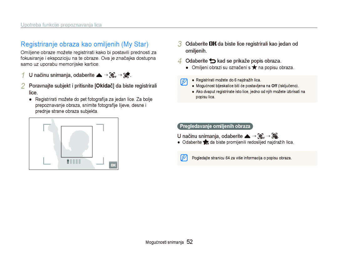 Samsung EC-ST550ZBPLE3 Registriranje obraza kao omiljenih My Star, Lice, Omiljenih Odaberite kad se prikaže popis obraza 