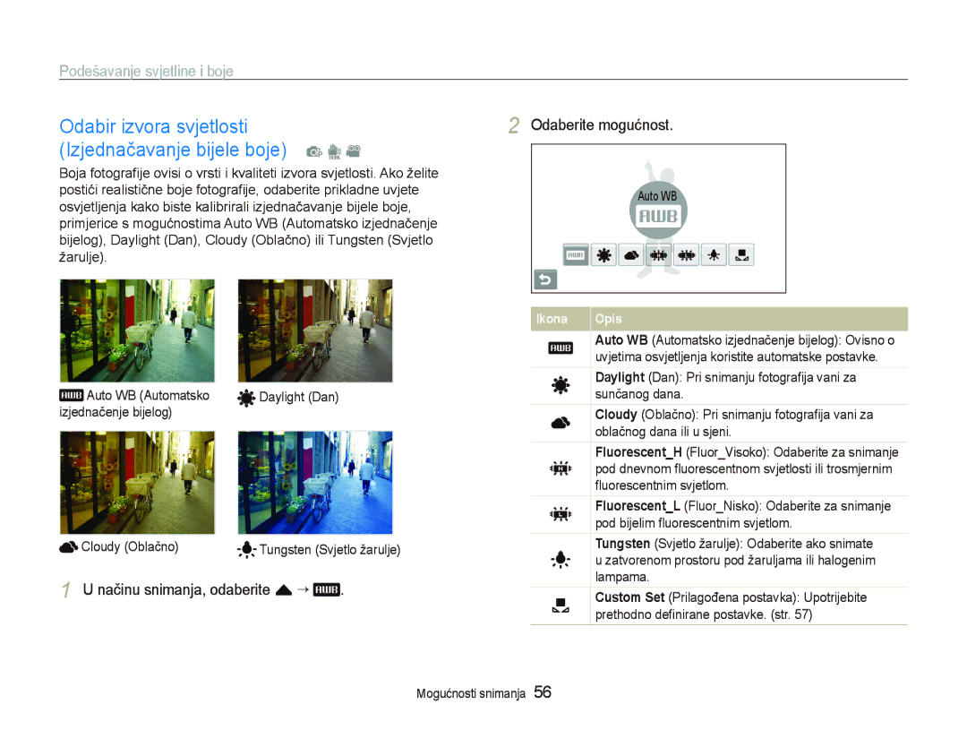 Samsung EC-ST550ZBPGE3 manual Odabir izvora svjetlosti, Izjednačavanje bijele boje, Načinu snimanja, odaberite f ““ 