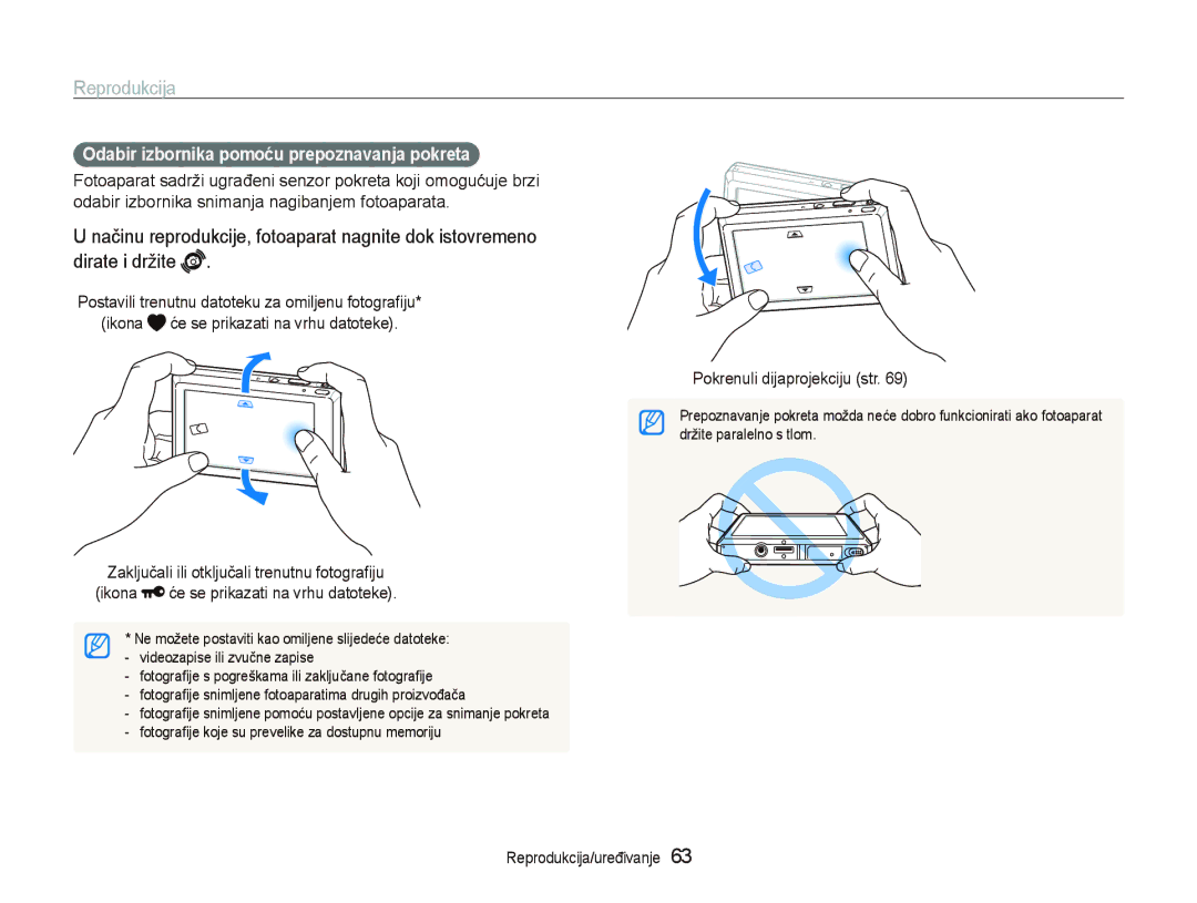 Samsung EC-ST550ZBPORU manual Reprodukcija, Odabir izbornika pomoću prepoznavanja pokreta, Pokrenuli dijaprojekciju str 