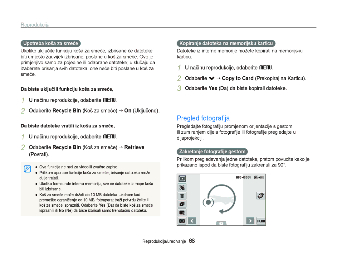 Samsung EC-ST550ZBPORU manual Pregled fotograﬁja, Odaberite Yes Da da biste kopirali datoteke, Upotreba koša za smeće 