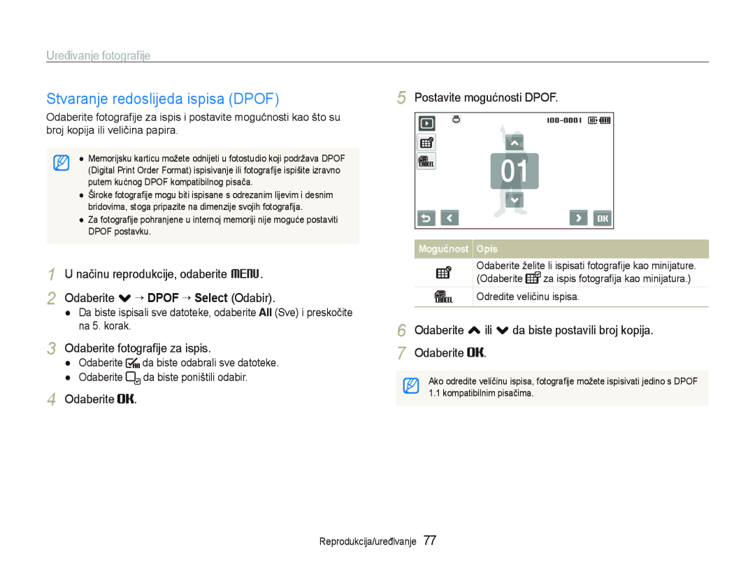 Samsung EC-ST550ZBPLE3 Stvaranje redoslijeda ispisa Dpof, Postavite mogućnosti Dpof, Odaberite . “ Dpof ““Select Odabir 