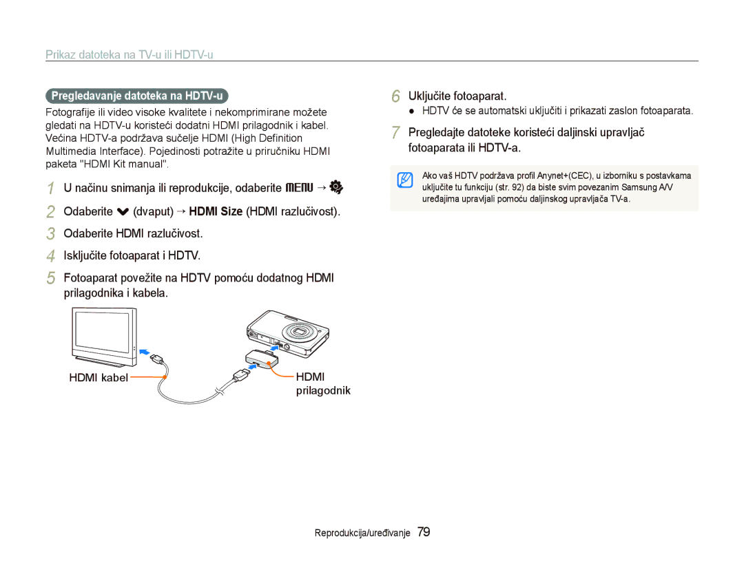 Samsung EC-ST550ZBPBE3 manual Prikaz datoteka na TV-u ili HDTV-u, Pregledavanje datoteka na HDTV-u, Hdmi kabel, Prilagodnik 