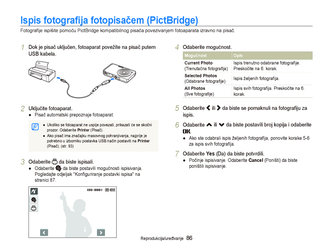 Samsung EC-ST550ZBPGE3, EC-ST550ZBPBE3, EC-ST550ZBPOE3 Ispis fotograﬁja fotopisačem PictBridge, Odaberite da biste ispisali 