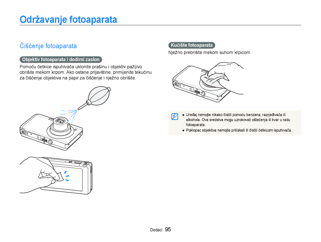 Samsung EC-ST550ZBPOE3, EC-ST550ZBPBE3 Održavanje fotoaparata, Čišćenje fotoaparata, Objektiv fotoaparata i dodirni zaslon 