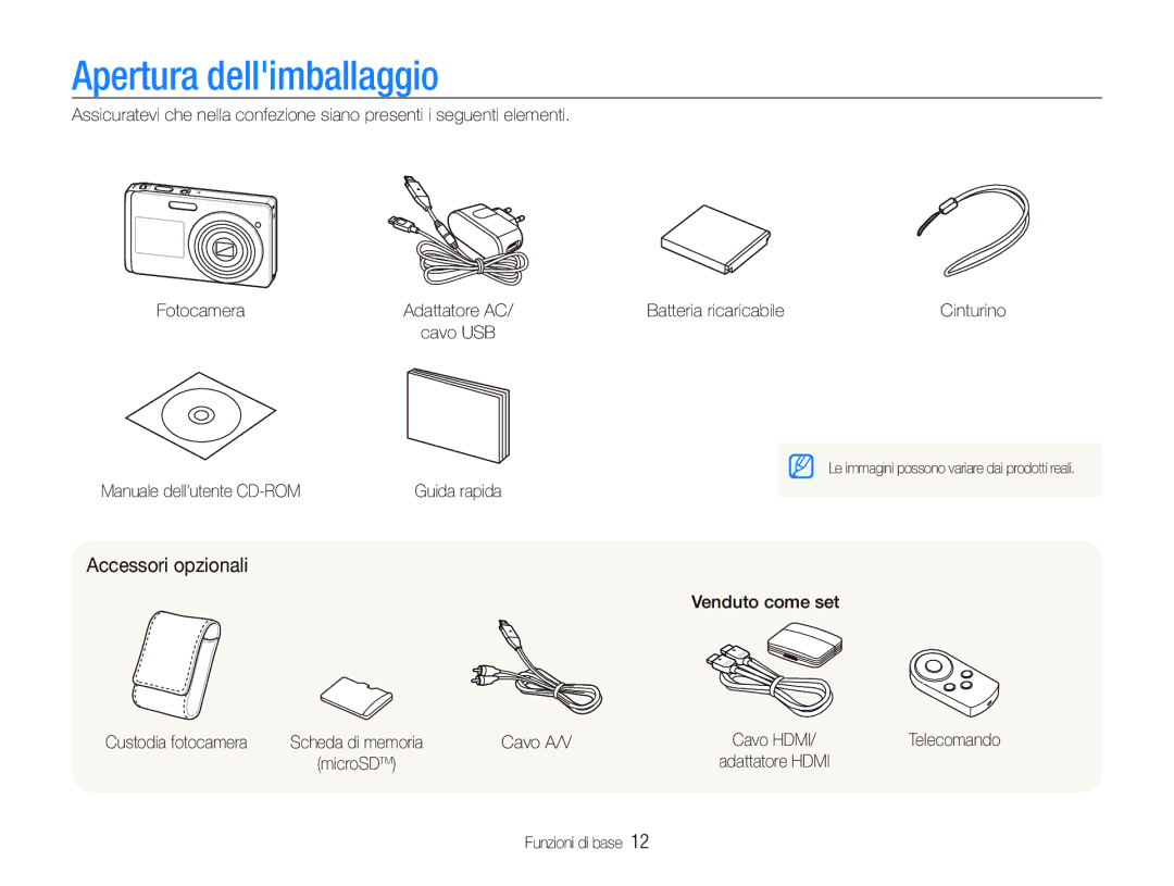 Samsung EC-ST550ZBPOIT, EC-ST550ZBPGIT, EC-ST550ZBPLIT, EC-ST550ZBPBIT manual Apertura dellimballaggio, Accessori opzionali 