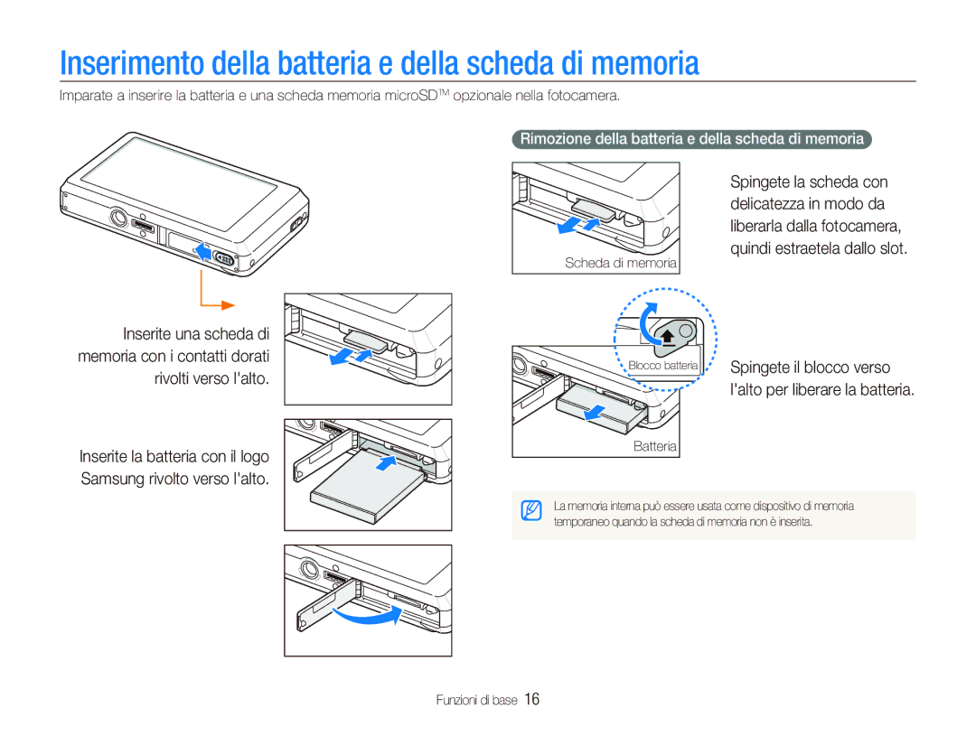 Samsung EC-ST550ZBPOIT manual Inserimento della batteria e della scheda di memoria, Spingete il blocco verso, Batteria 