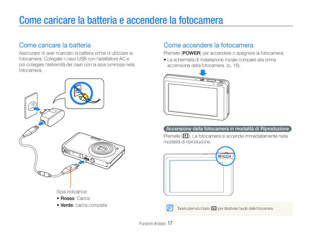 Samsung EC-ST550ZBPLIT, EC-ST550ZBPGIT Come caricare la batteria e accendere la fotocamera, Come accendere la fotocamera 