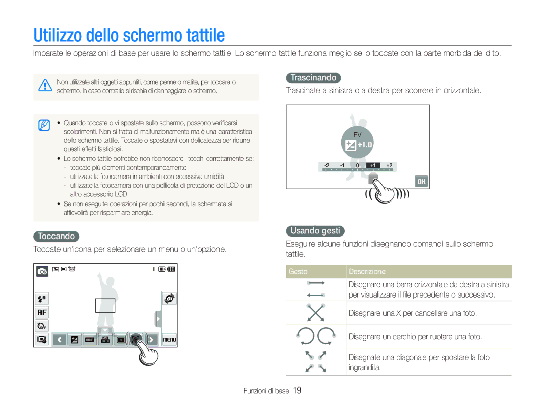 Samsung EC-ST550ZBPGIT manual Utilizzo dello schermo tattile, Trascinando, Toccando, Usando gesti, Gesto Descrizione 