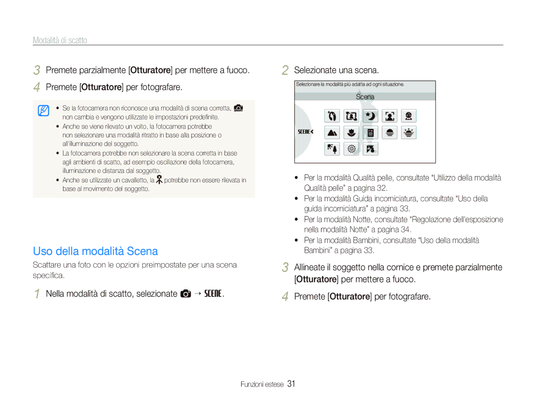 Samsung EC-ST550ZBPGIT, EC-ST550ZBPOIT, EC-ST550ZBPLIT Uso della modalità Scena, Modalità di scatto, Selezionate una scena 