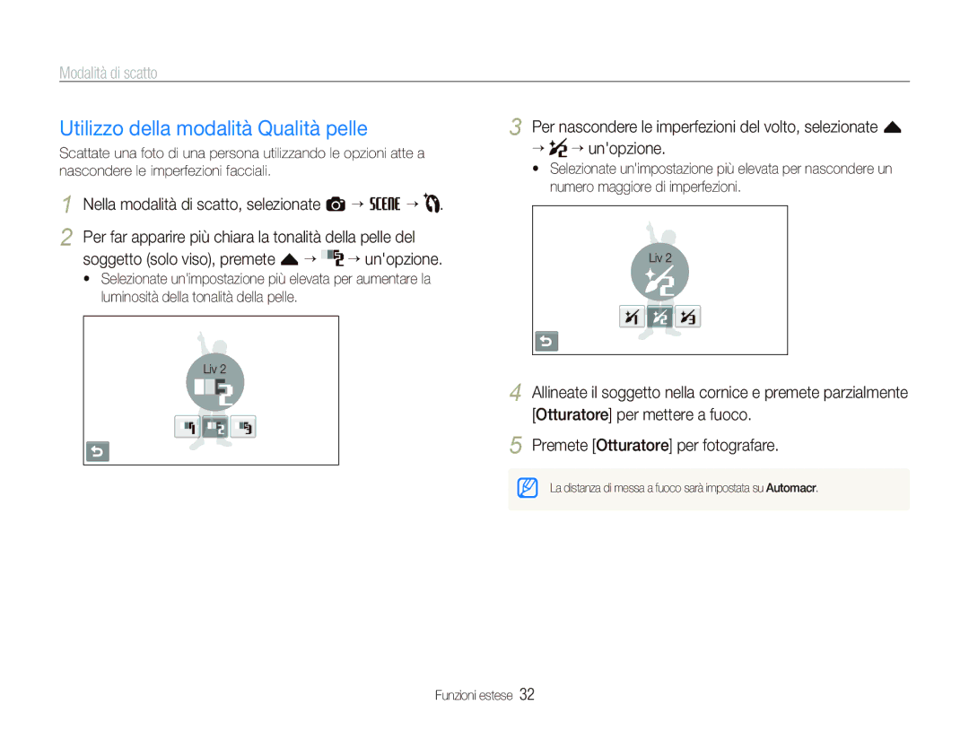 Samsung EC-ST550ZBPOIT Utilizzo della modalità Qualità pelle, Per far apparire più chiara la tonalità della pelle del 