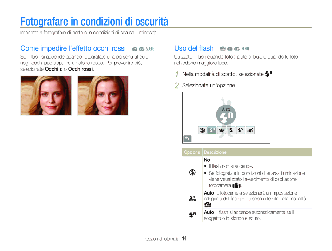 Samsung EC-ST550ZBPOIT, EC-ST550ZBPGIT Fotografare in condizioni di oscurità, Come impedire leffetto occhi rossi a p s 