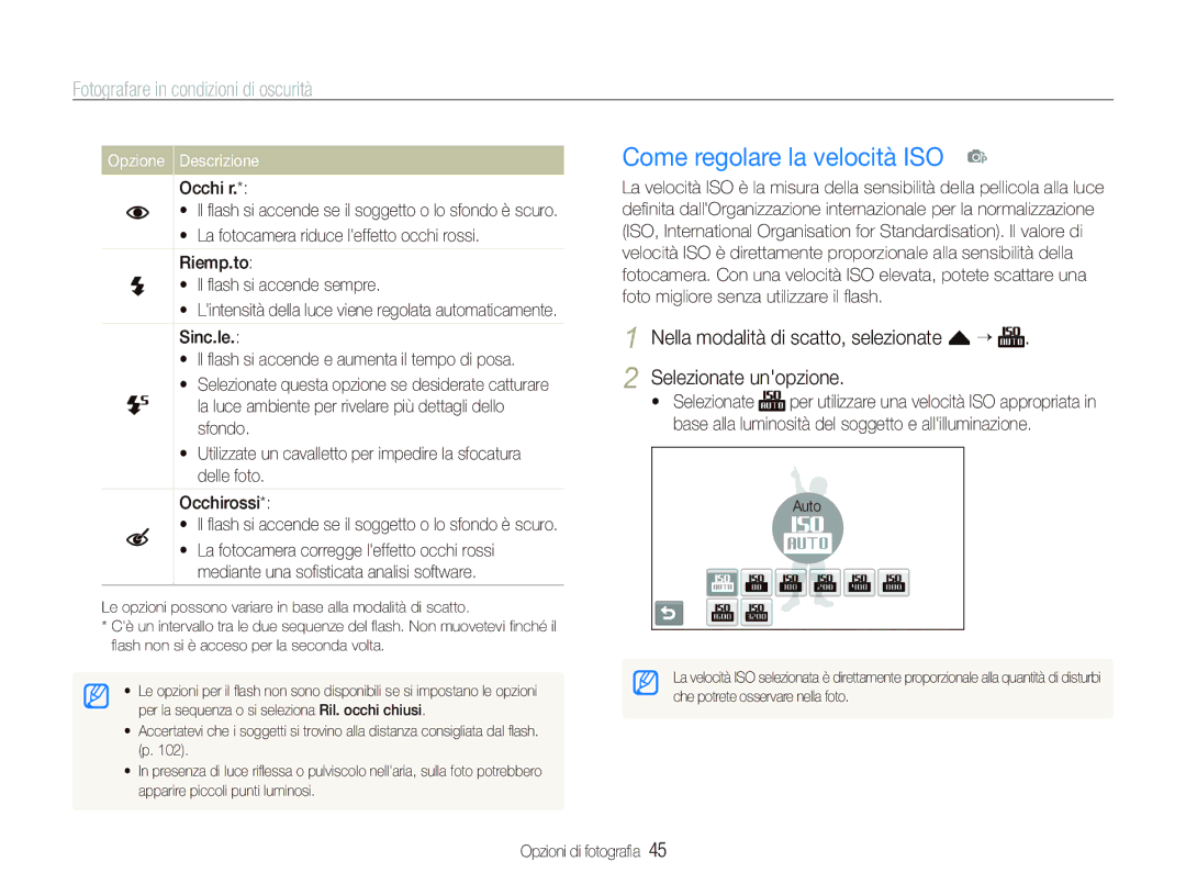 Samsung EC-ST550ZBPLIT, EC-ST550ZBPGIT Come regolare la velocità ISO p, Fotografare in condizioni di oscurità, Occhi r 