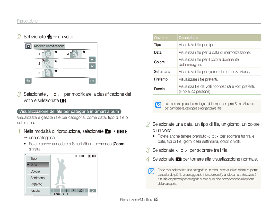 Samsung EC-ST550ZBPLIT, EC-ST550ZBPGIT, EC-ST550ZBPOIT manual Selezionate “ un volto, Selezionate o per scorrere tra i ﬁle 