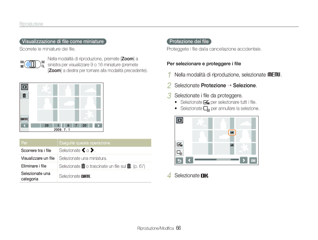 Samsung EC-ST550ZBPBIT manual Visualizzazione di ﬁle come miniature, Protezione dei ﬁle, Per Eseguite questa operazione 