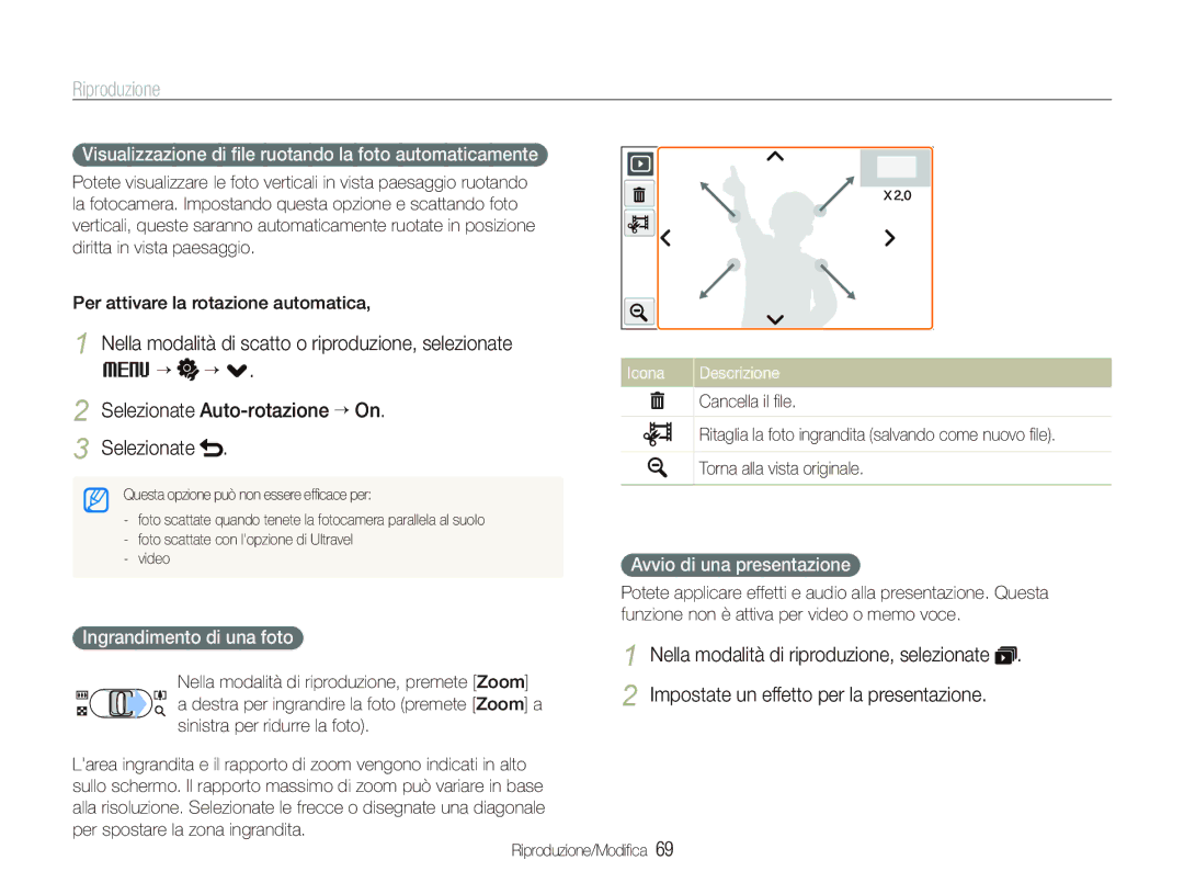 Samsung EC-ST550ZBPLIT, EC-ST550ZBPGIT Visualizzazione di ﬁle ruotando la foto automaticamente, Ingrandimento di una foto 