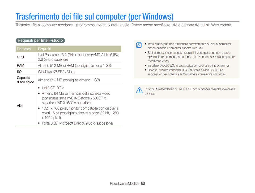 Samsung EC-ST550ZBPOIT Trasferimento dei ﬁle sul computer per Windows, Requisiti per Intelli-studio, Elemento Requisiti 