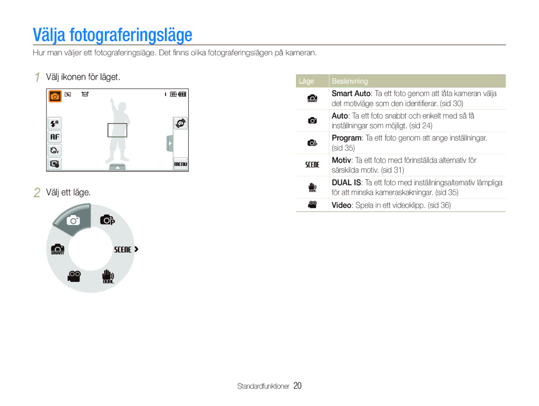 Samsung EC-ST550ZBPOE2, EC-ST550ZBPLE2, EC-ST550ZBPGE2 Välja fotograferingsläge, Välj ikonen för läget Välj ett läge, Läge 