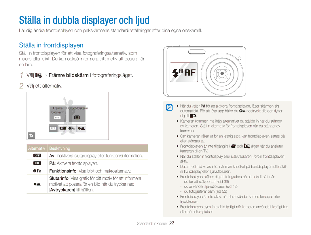 Samsung EC-ST550ZBPBE2 manual Ställa in dubbla displayer och ljud, Ställa in frontdisplayen, Alternativ Beskrivning 