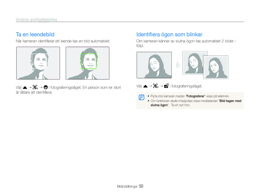 Samsung EC-ST550ZBPBE2, EC-ST550ZBPLE2 manual Ta en leendebild, Identiﬁera ögon som blinkar, Använda ansiktsdetektering 