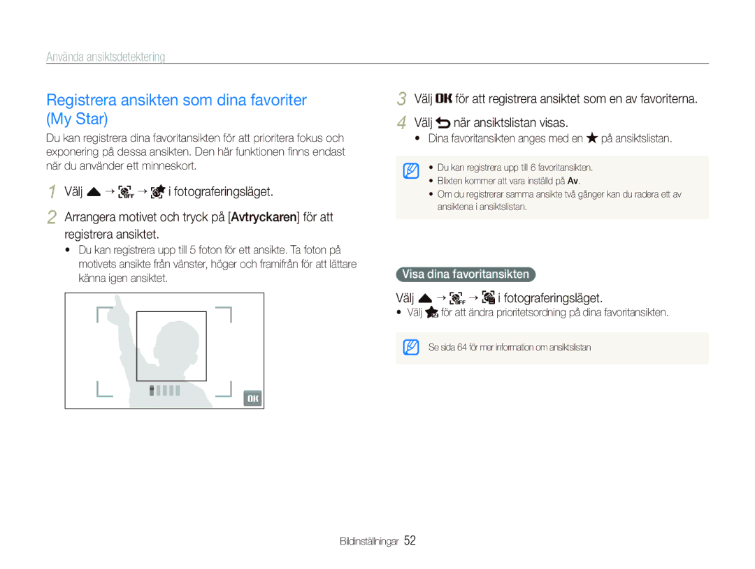 Samsung EC-ST550ZBPOE2, EC-ST550ZBPLE2 manual Registrera ansikten som dina favoriter My Star, Välj f “ Fotograferingsläget 