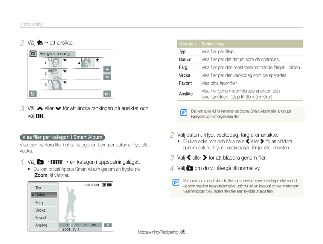 Samsung EC-ST550ZBPGE2, EC-ST550ZBPLE2 manual Välj “ ett ansikte, Välj , eller . för att ändra rankingen på ansiktet och 