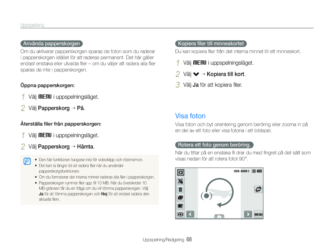 Samsung EC-ST550ZBPOE2, EC-ST550ZBPLE2, EC-ST550ZBPGE2 manual Visa foton, Välj M i uppspelningsläget Välj Papperskorg “ På 