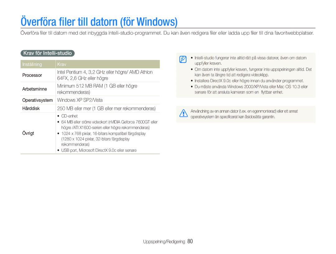 Samsung EC-ST550ZBPOE2, EC-ST550ZBPLE2 Överföra ﬁler till datorn för Windows, Krav för Intelli-studio, Inställning Krav 