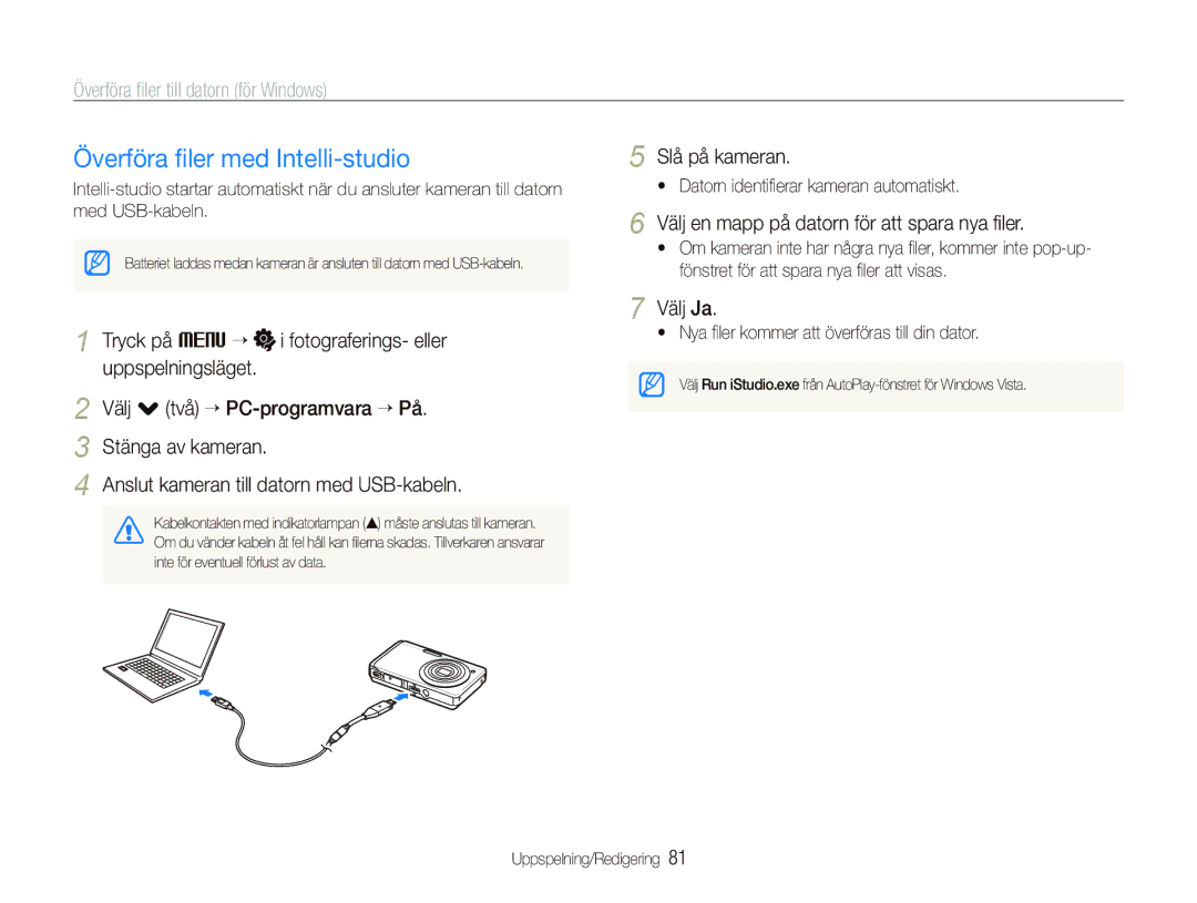 Samsung EC-ST550ZBPGE2 manual Överföra ﬁler med Intelli-studio, Överföra ﬁler till datorn för Windows, Slå på kameran 