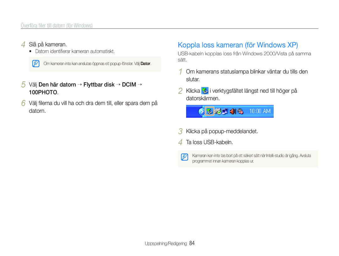 Samsung EC-ST550ZBPOE2, EC-ST550ZBPLE2 manual Koppla loss kameran för Windows XP, Överföra ﬁler till datorn för Windows 