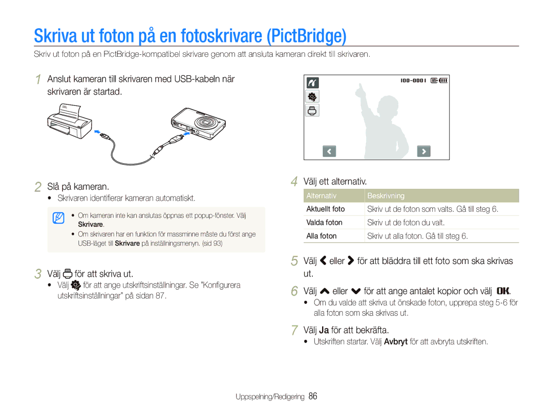 Samsung EC-ST550ZBPBE2 Skriva ut foton på en fotoskrivare PictBridge, Välj för att skriva ut, Välj Ja för att bekräfta 