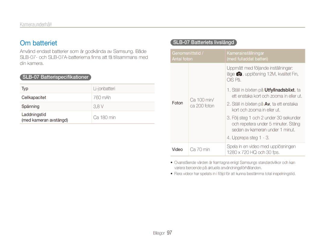 Samsung EC-ST550ZBPGE2, EC-ST550ZBPLE2 manual Om batteriet, SLB-07 Batterispecifikationer, SLB-07 Batteriets livslängd 