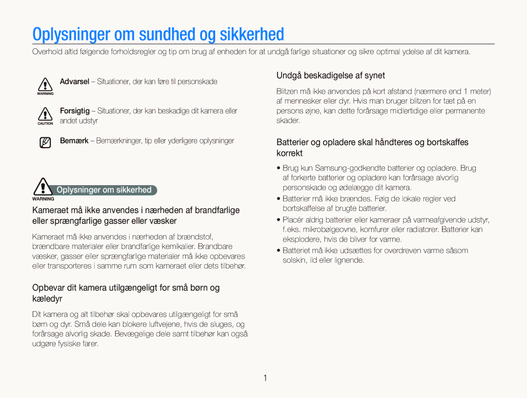 Samsung EC-ST550ZBPGE2 manual Oplysninger om sundhed og sikkerhed, Undgå beskadigelse af synet, Oplysninger om sikkerhed 