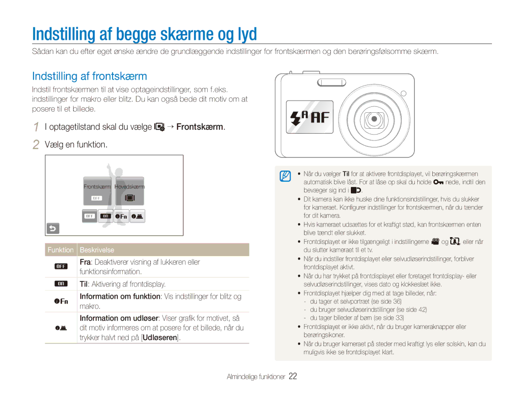 Samsung EC-ST550ZBPBE2, EC-ST550ZBPLE2 Indstilling af begge skærme og lyd, Indstilling af frontskærm, Funktion Beskrivelse 