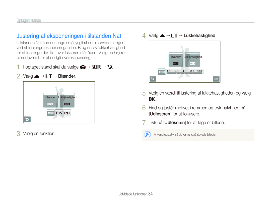 Samsung EC-ST550ZBPBE2 manual Justering af eksponeringen i tilstanden Nat, Vælg en funktion Vælg f “ ““Lukkehastighed 