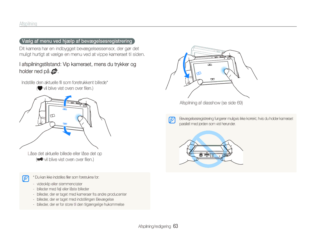 Samsung EC-ST550ZBPLE2 manual Vælg af menu ved hjælp af bevægelsesregistrering, Afspilning af diasshow se side 