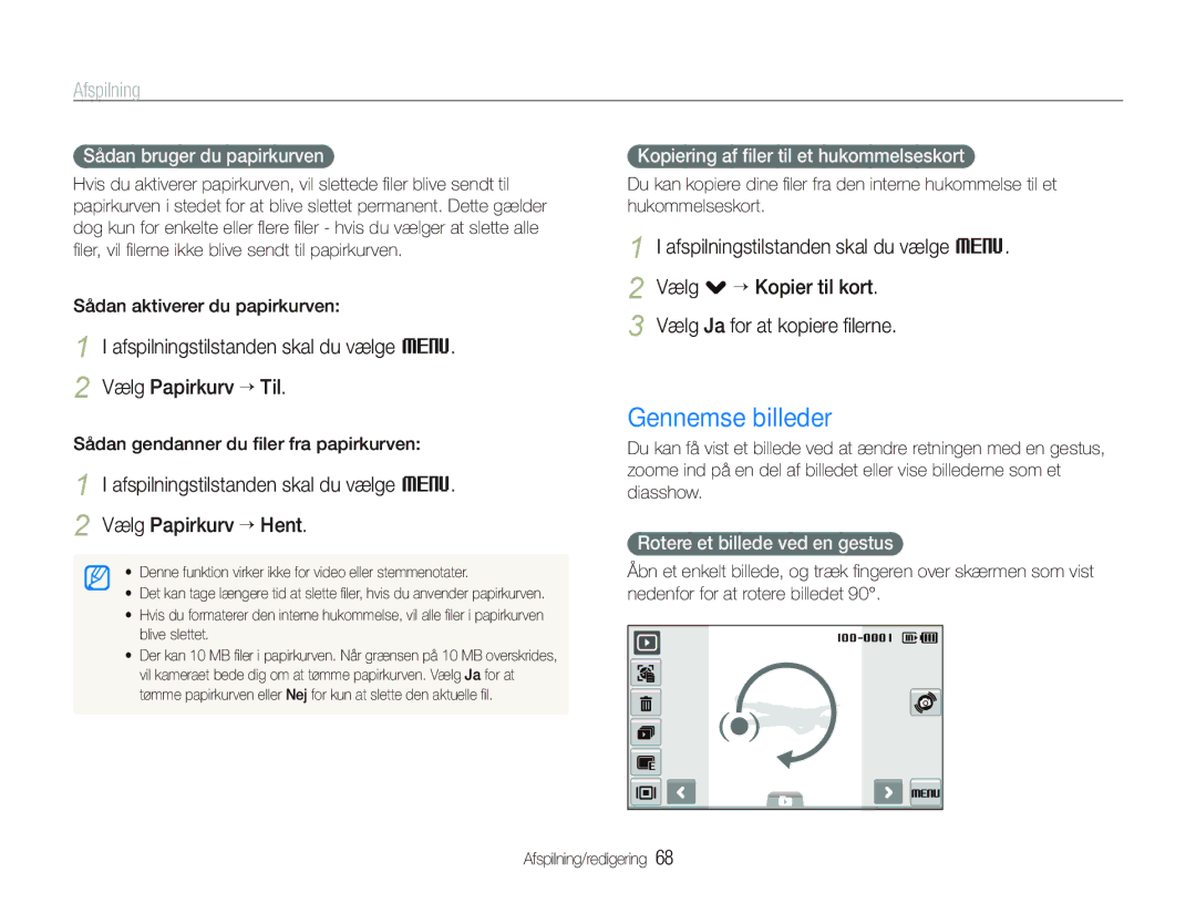 Samsung EC-ST550ZBPOE2, EC-ST550ZBPLE2 manual Gennemse billeder, Afspilningstilstanden skal du vælge M Vælg Papirkurv “ Til 