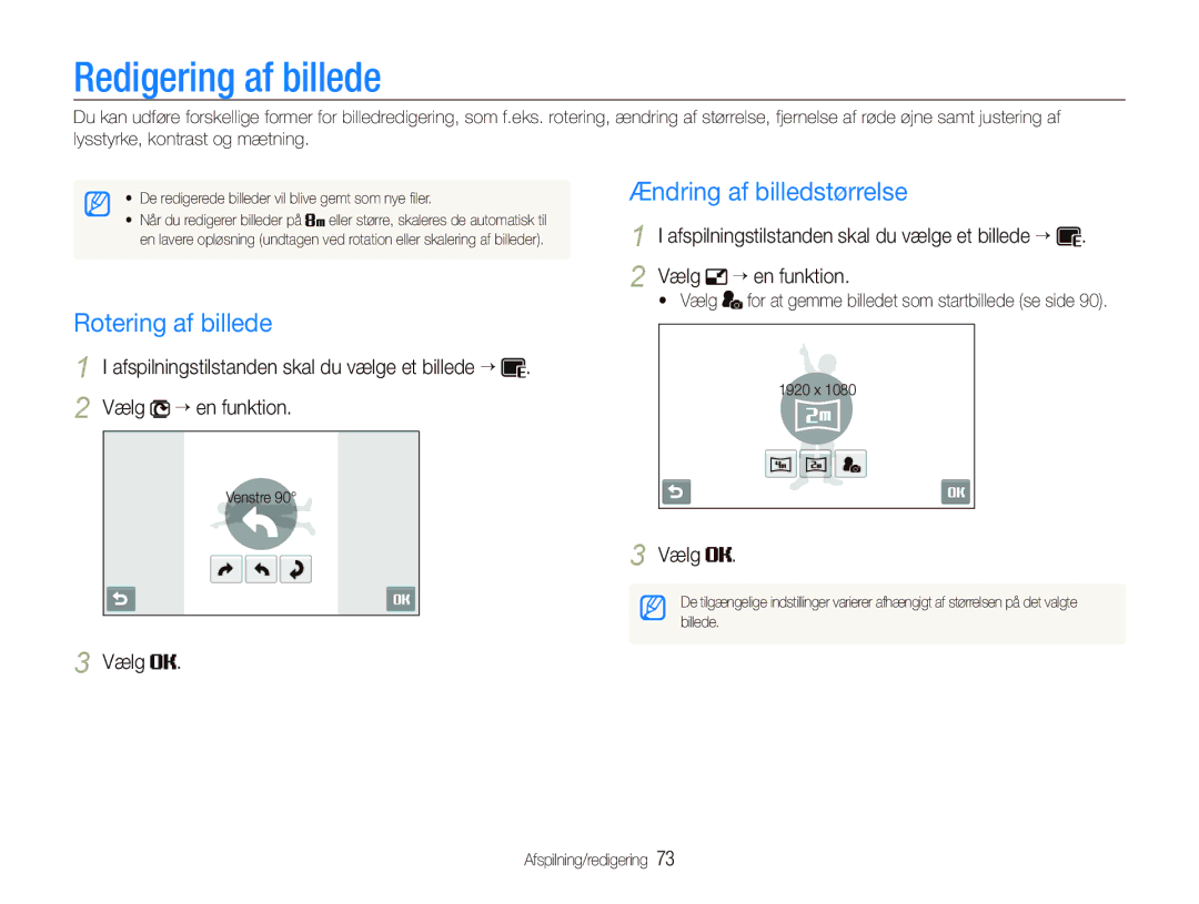 Samsung EC-ST550ZBPGE2, EC-ST550ZBPLE2 manual Redigering af billede, Rotering af billede, Ændring af billedstørrelse 